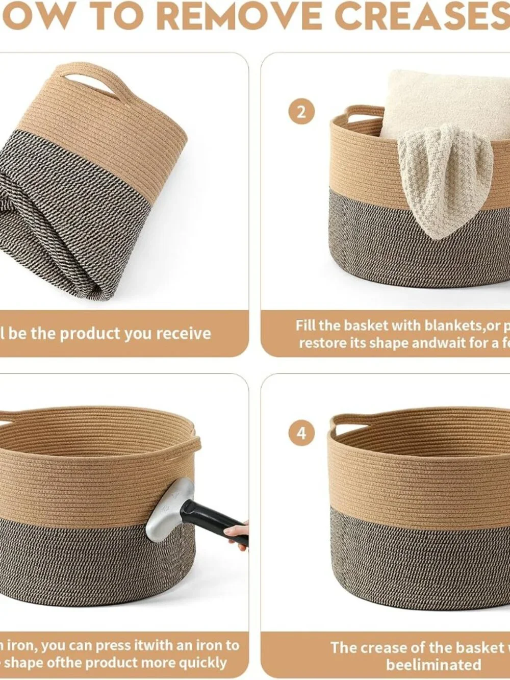 New Foldable Laundry Hamper Basket with Collapsible Handle Cotton Rope Soft Wov